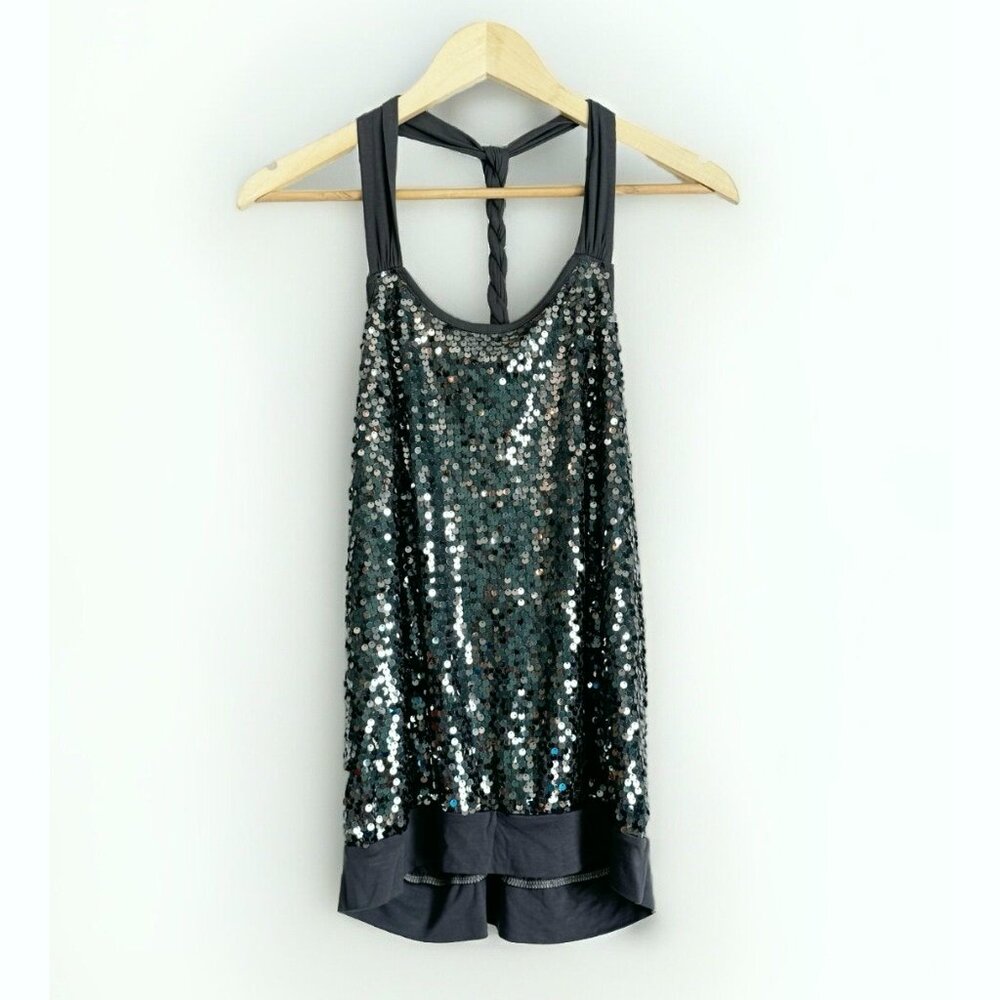 Express Sequin Gray Braided Racerback Tunic Top Size Small Glam Holiday Layering